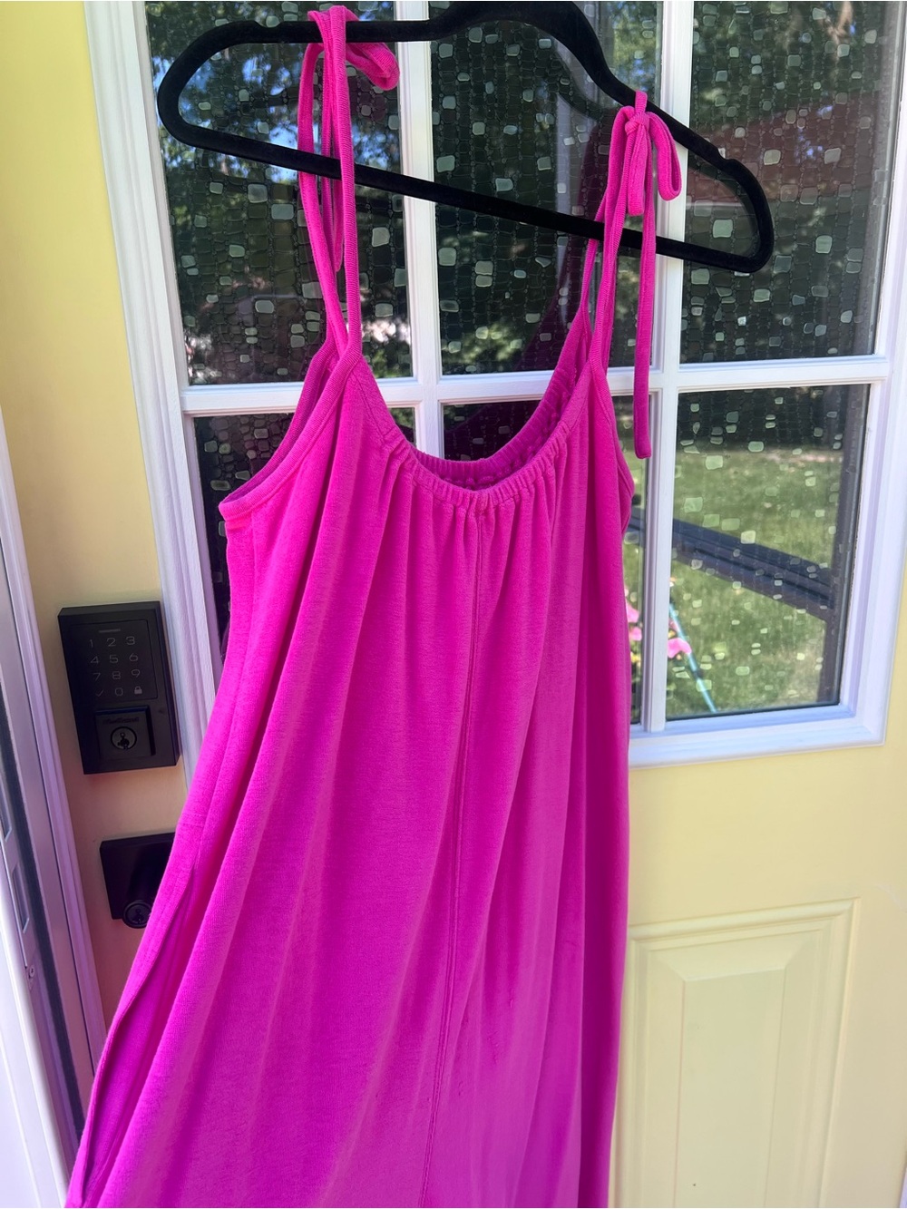 Anthropologie Hot Pink Tie-Shoulder Terry Cloth Cropped Asymmetrical Jumpsuit - Picture 3 of 14
